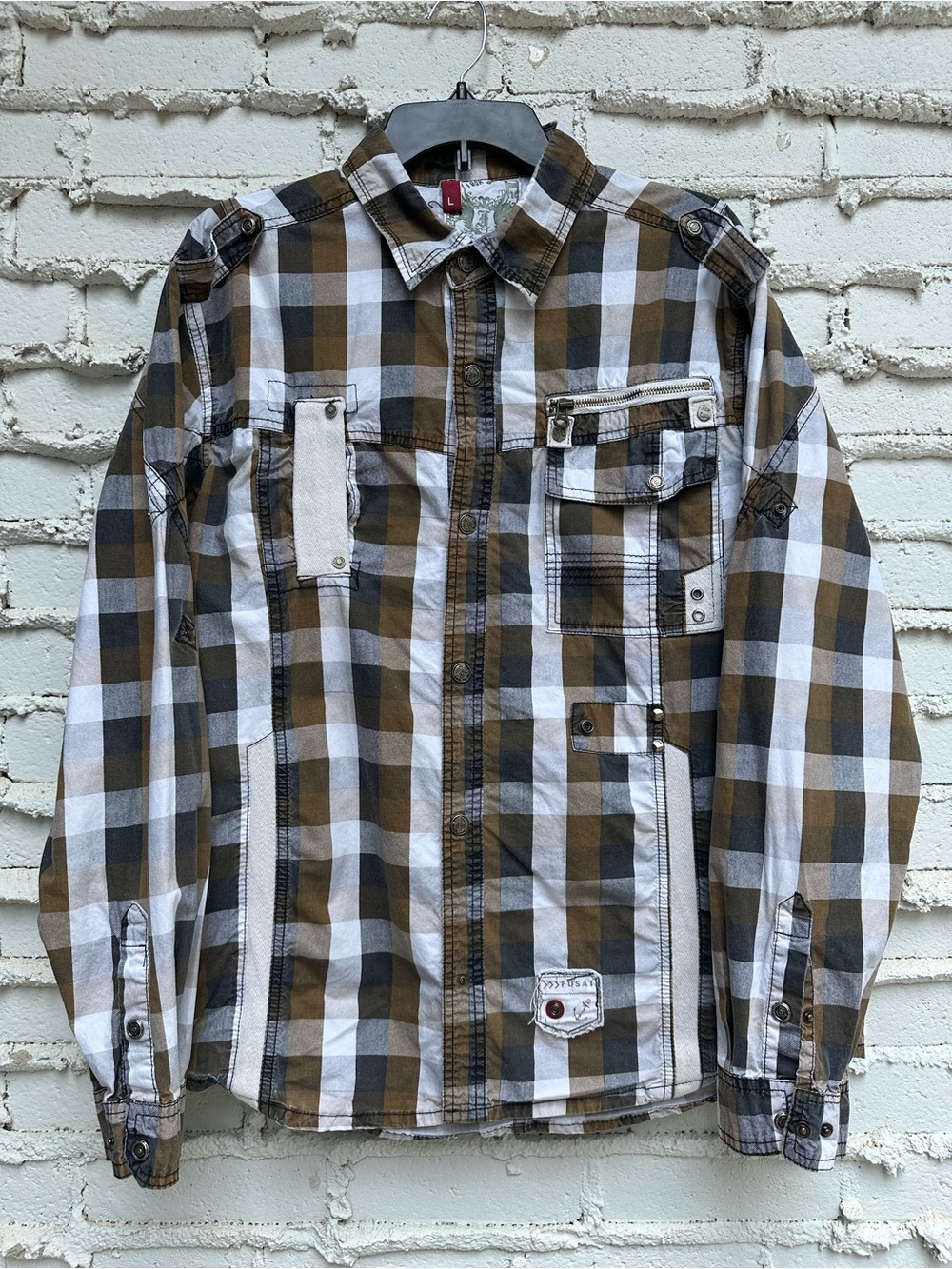 FUSAI Jeans Mens Large Plaid Utility Snap Shirt, Moto Grunge  Y2K Heavy Cotton L
